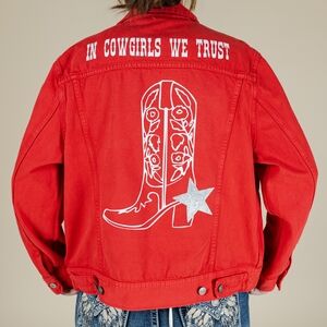 Upcycled Red Denim Jacket with Western Print